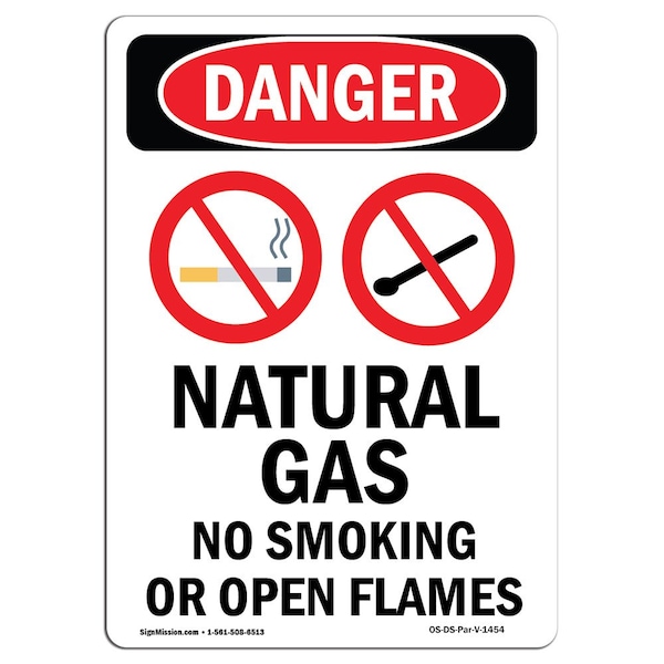 Safety Sign, OSHA Danger, 24" Height, Aluminum, Natural Gas No Smoking, Portrait